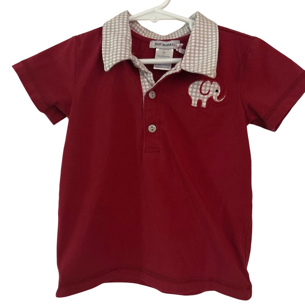 Just Blanks Kids Red Polo Shirt Gingham Elephant Applique Size 3 Short Sleeve